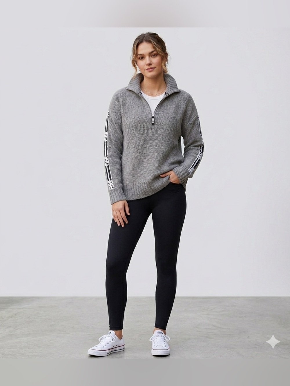 VS PINK LIMITED EDITION MOCK NECK 1/4 ZIP MOHAIR SWEATER GRAY WHITE LOGO HTF LG